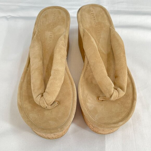 Veronica Beard Geno Wedge Sandals Size 9 Cork Tan Suede